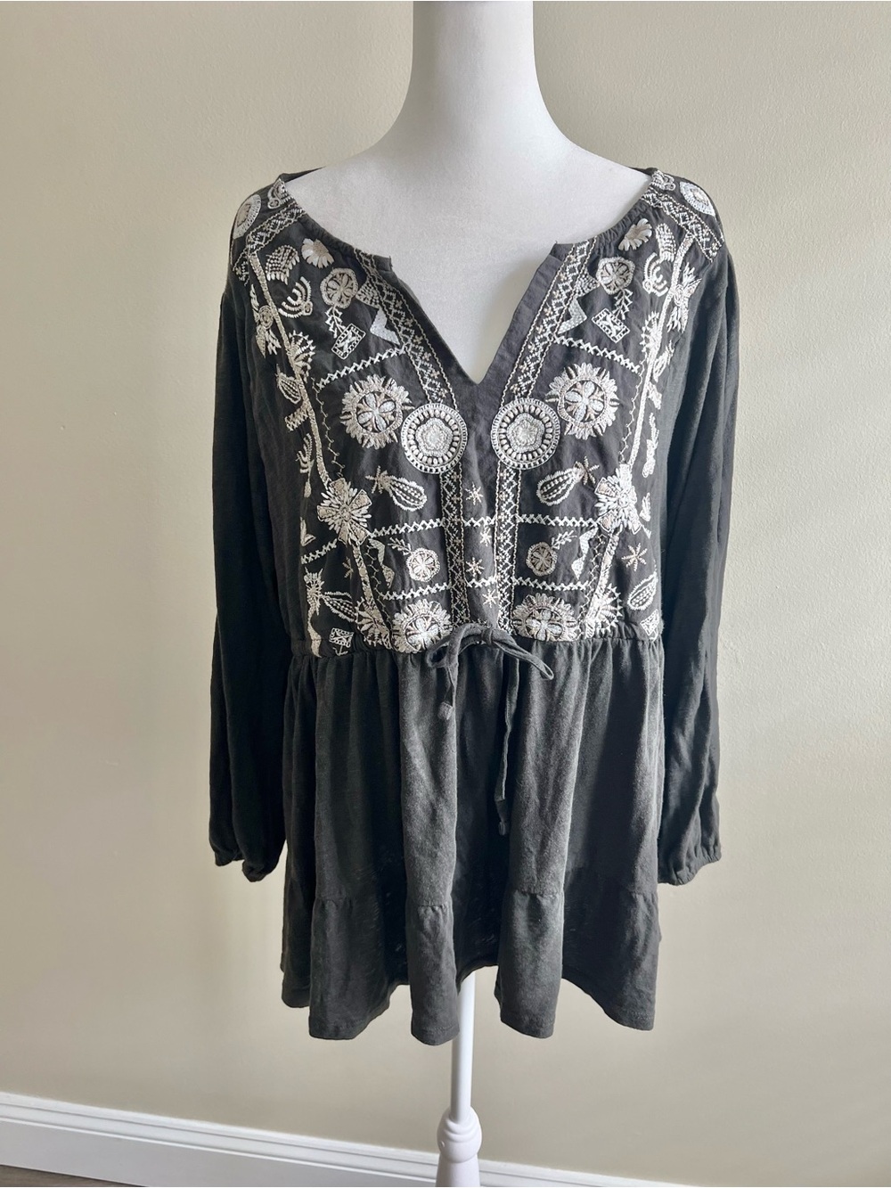 Lucky Brand Boho Embroidered Tiered Tunic Large Peasant Top